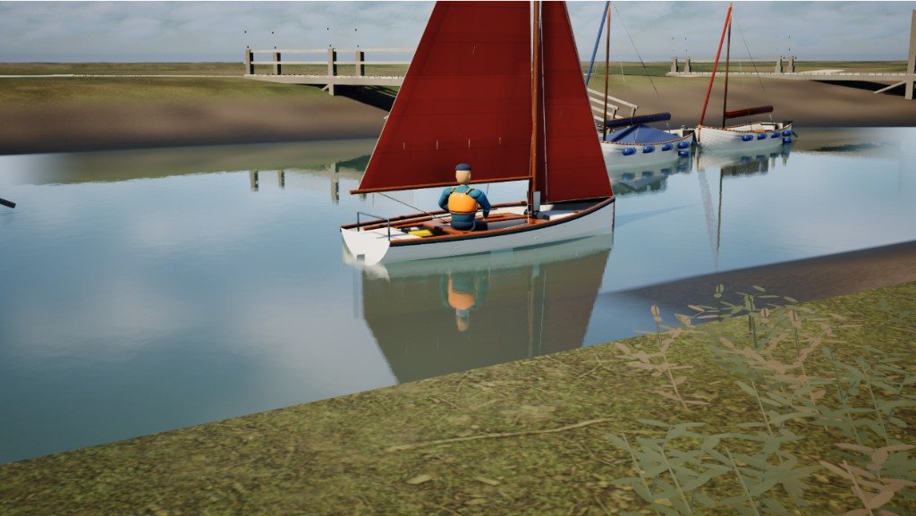A Cockle in a channel in the Unreal prototype, another boat waiting by the pontoon