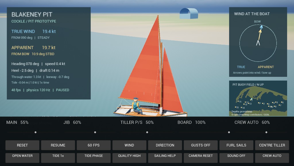 A Cockle close-hauled in the Unreal prototype, the sailor sitting out on the weather rail