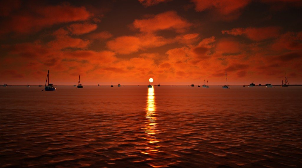 Sunset over Blakeney Harbour in the Unreal prototype, boats lying to their anchors