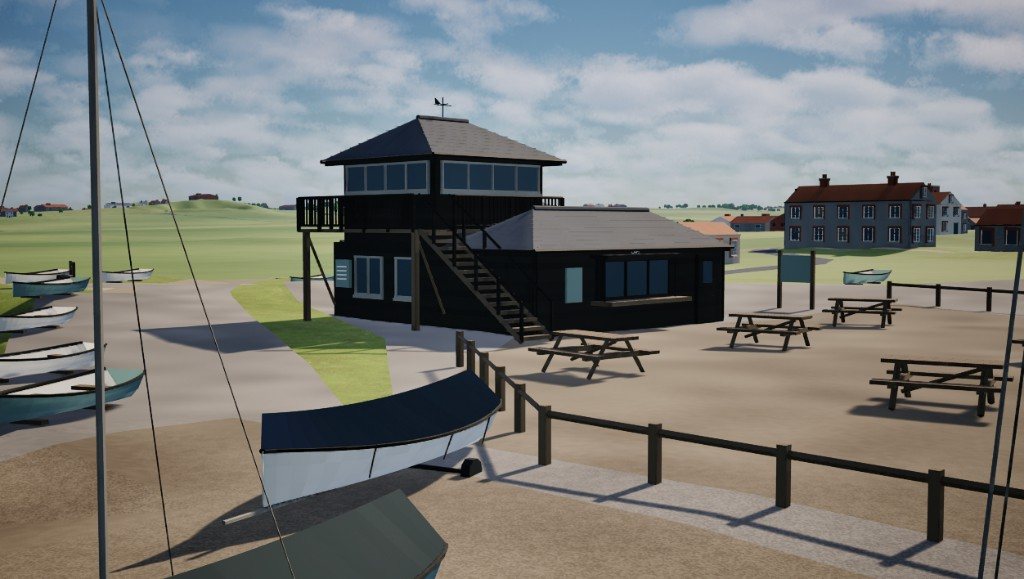 The lookout building at Morston in the Unreal prototype, with dinghies, picnic tables and houses beyond