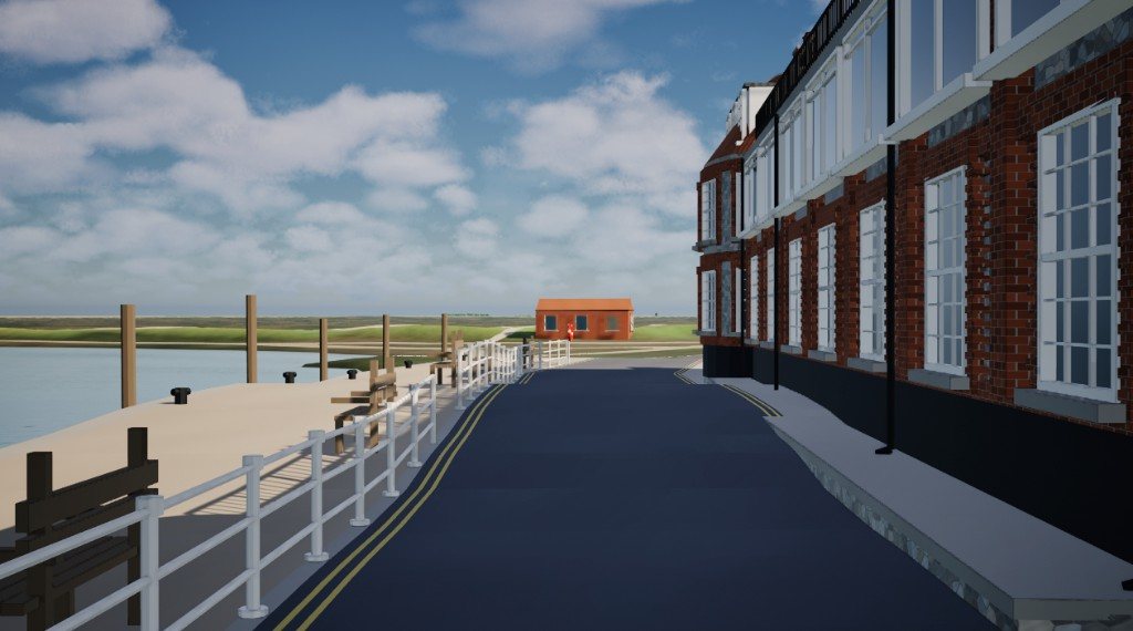 The quay at Morston in the Unreal prototype, looking along the railings towards a small orange building