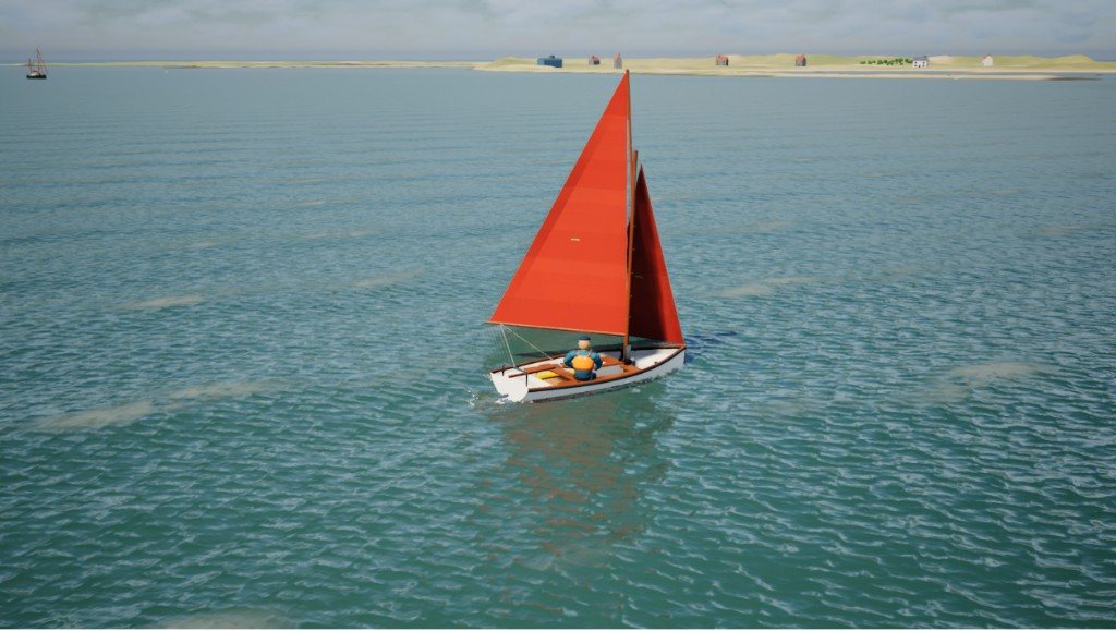 A Cockle sailing the Pit in the Unreal prototype, the spit and a few buildings on the horizon