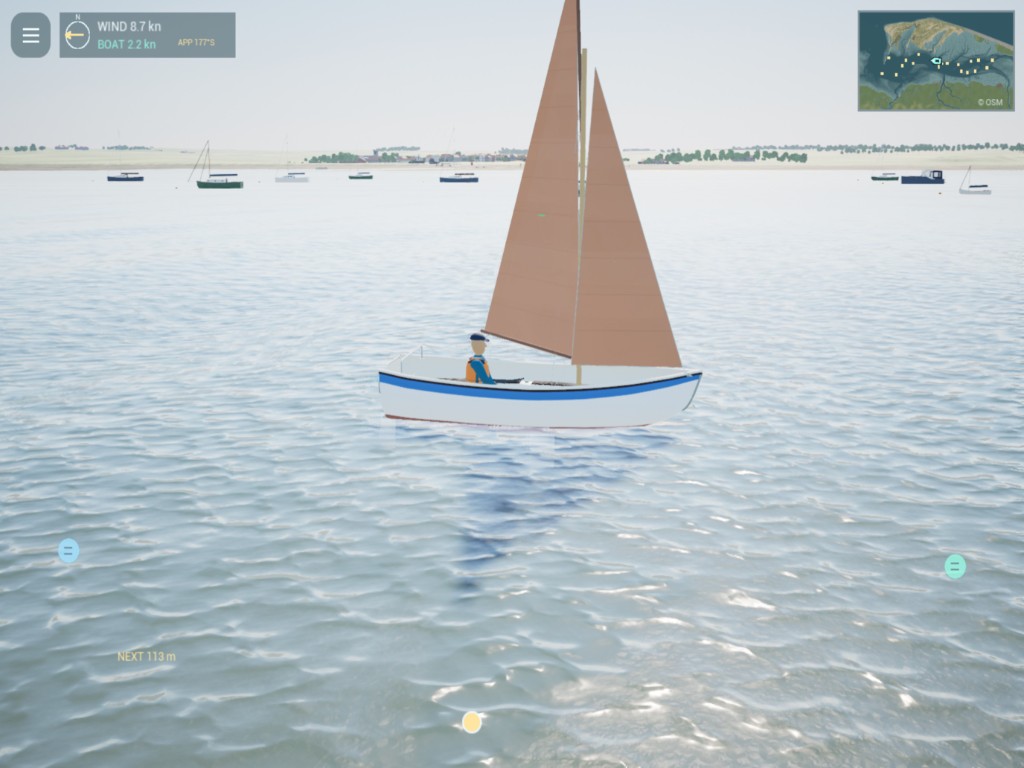A white dinghy with a tan sail on the harbour in the first playable Blakeney build