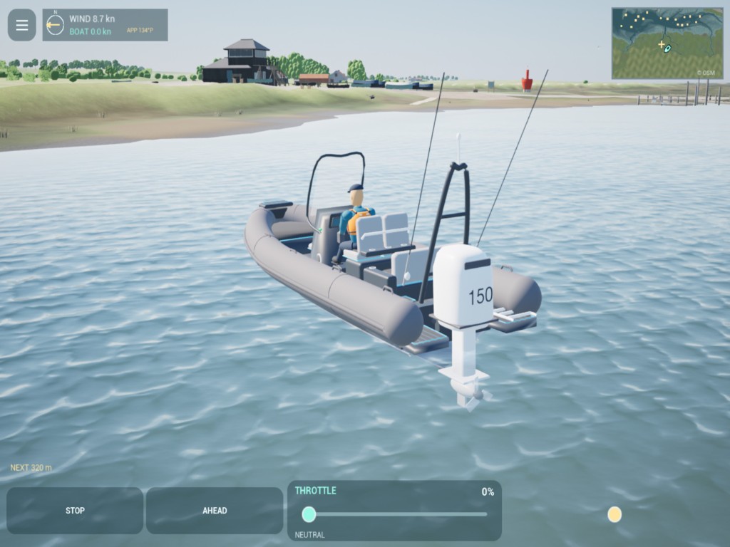 A grey RIB at rest on the harbour in the first playable Blakeney build, helm and throttle on screen