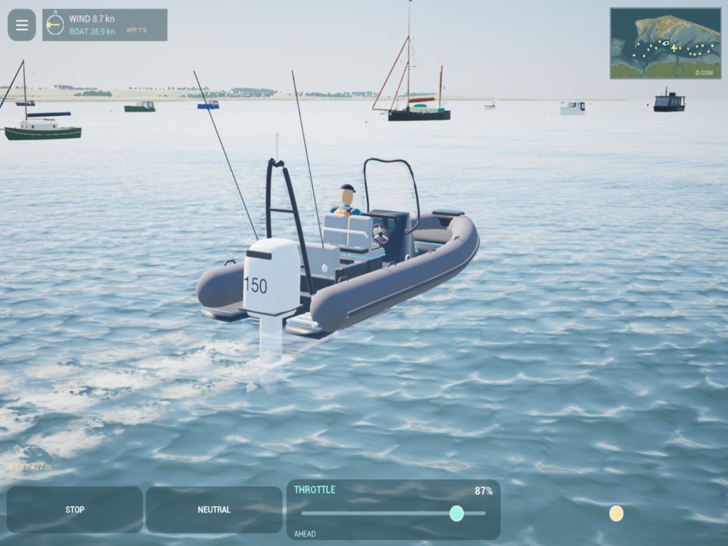 The RIB on open water with other boats in the distance in the first playable Blakeney build