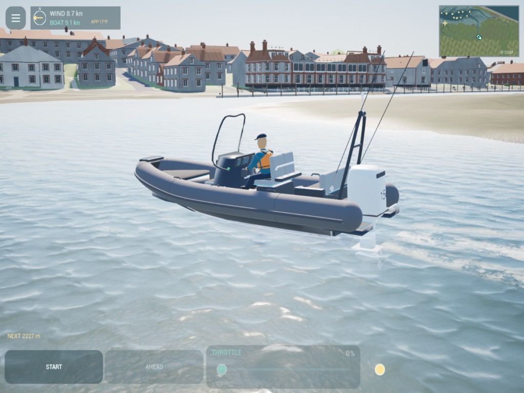 A dark RIB underway in front of the village in the first playable Blakeney build