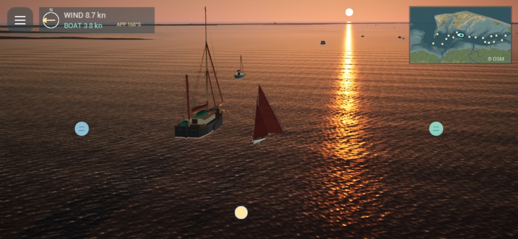 Sunset over the harbour in the first playable Blakeney build, a yacht and a red sail on the water