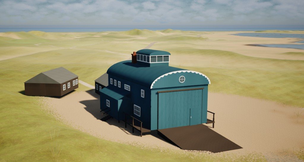 A blue boathouse on the Point in the Unreal prototype, dunes and water beyond